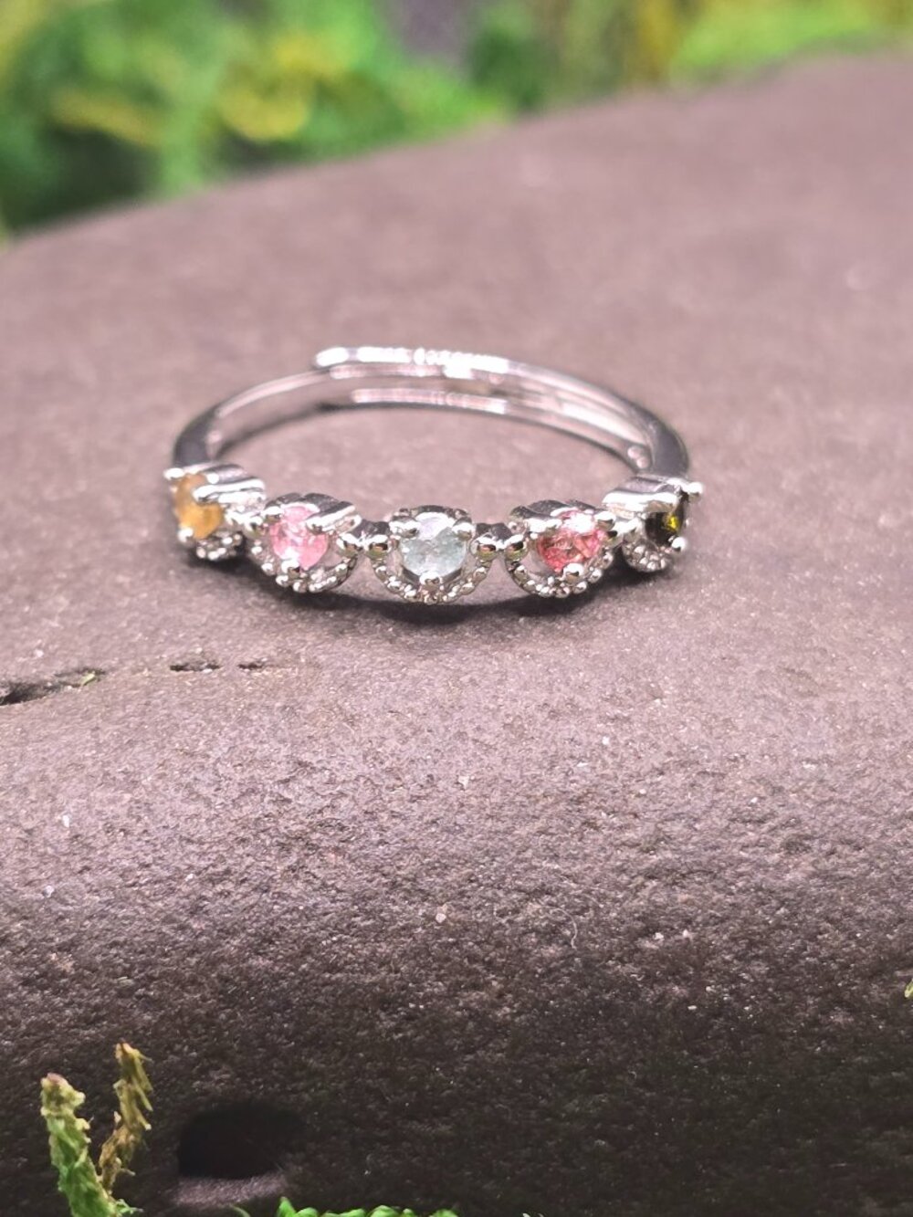 Watermelon Tourmaline Adjustable Ring Size 6-10 Silver Tone Jewelry